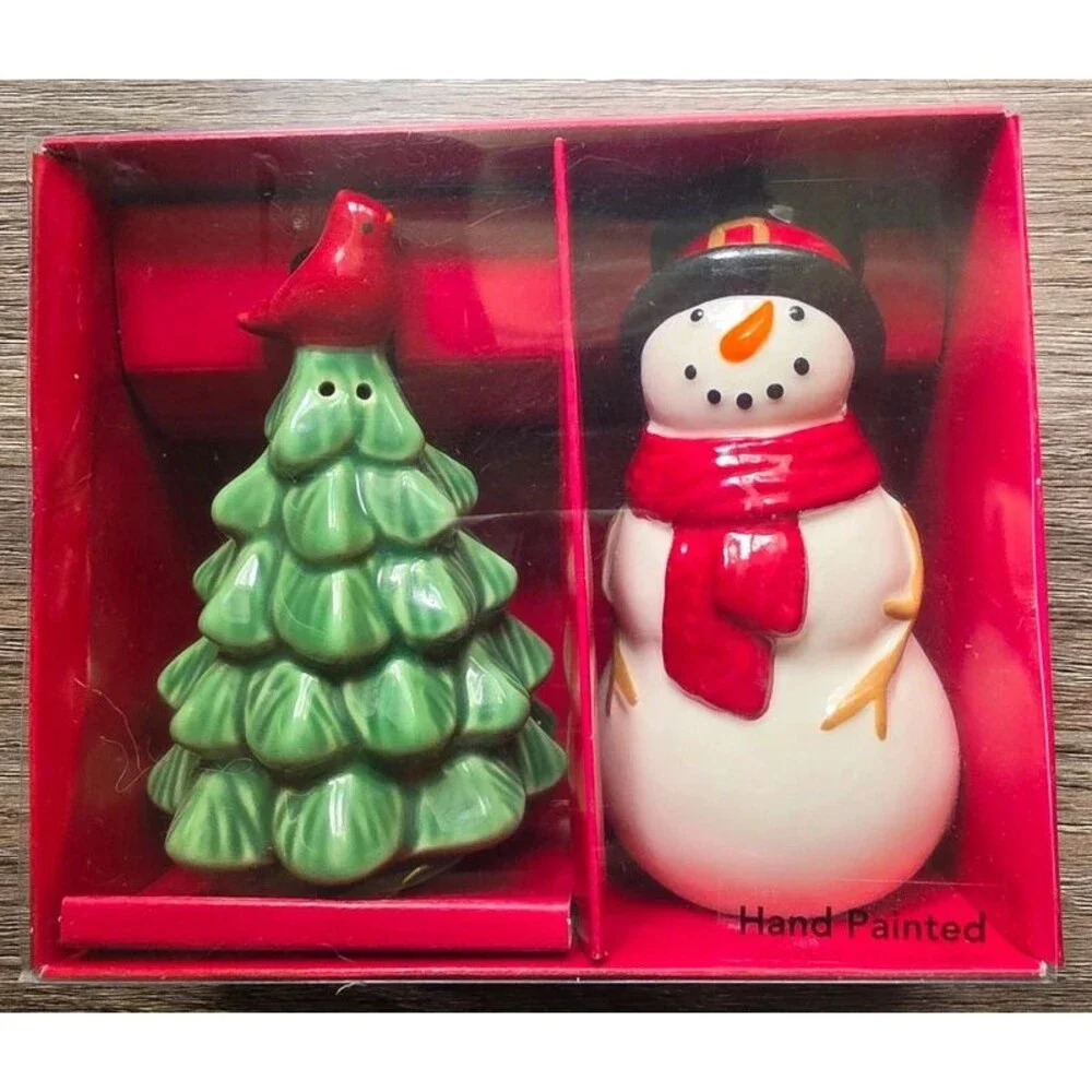 Snowman and Tree salt and pepper shakers.